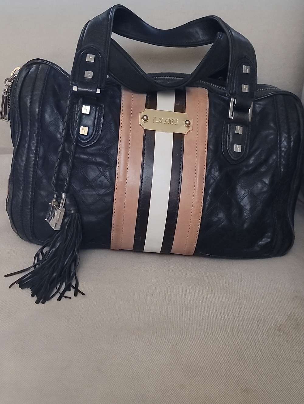 L.A.M.B. Black and Tan Leather "Fadeout" Satchel / Bowler